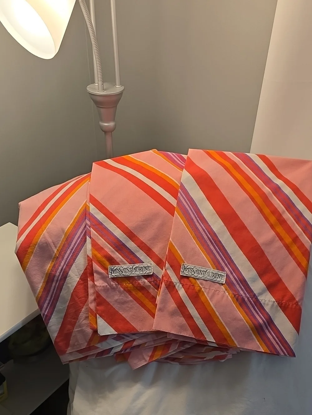 Vintage 1978Yves Saint Laurent Pink, Orange & Red Striped Sheets And Pillowcases